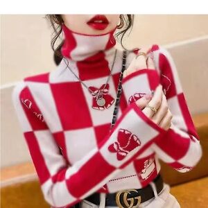 Red and White Checkered Turtleneck Sweater